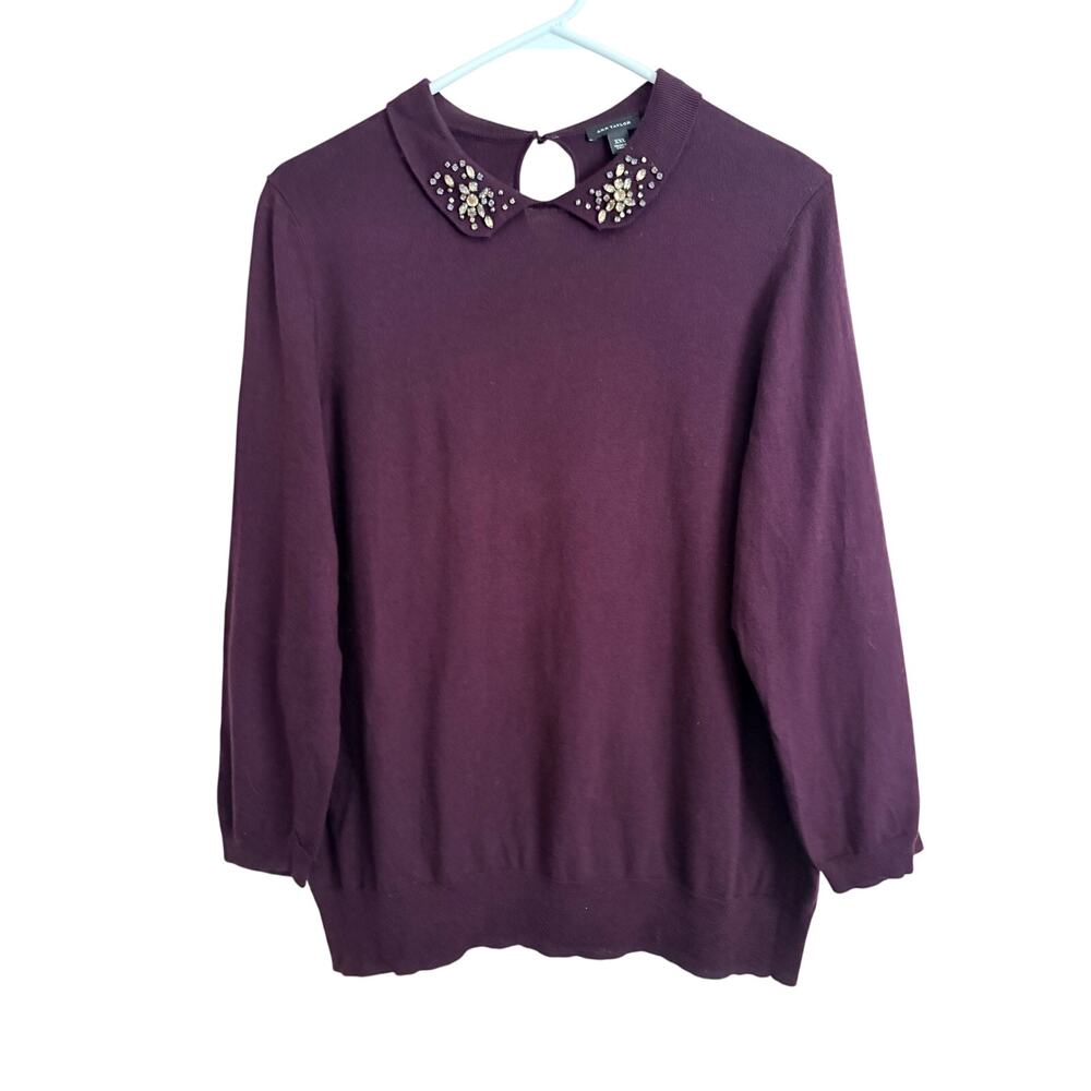 Ann Taylor Burgundy Pullover Sweater Peter Pan Collar Rhinestones XXL Twee